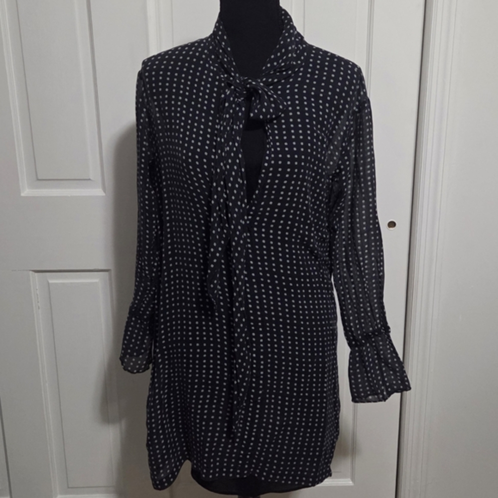 Theory Women US 6 Navy and White Square Polka Dot Sheer Blouse